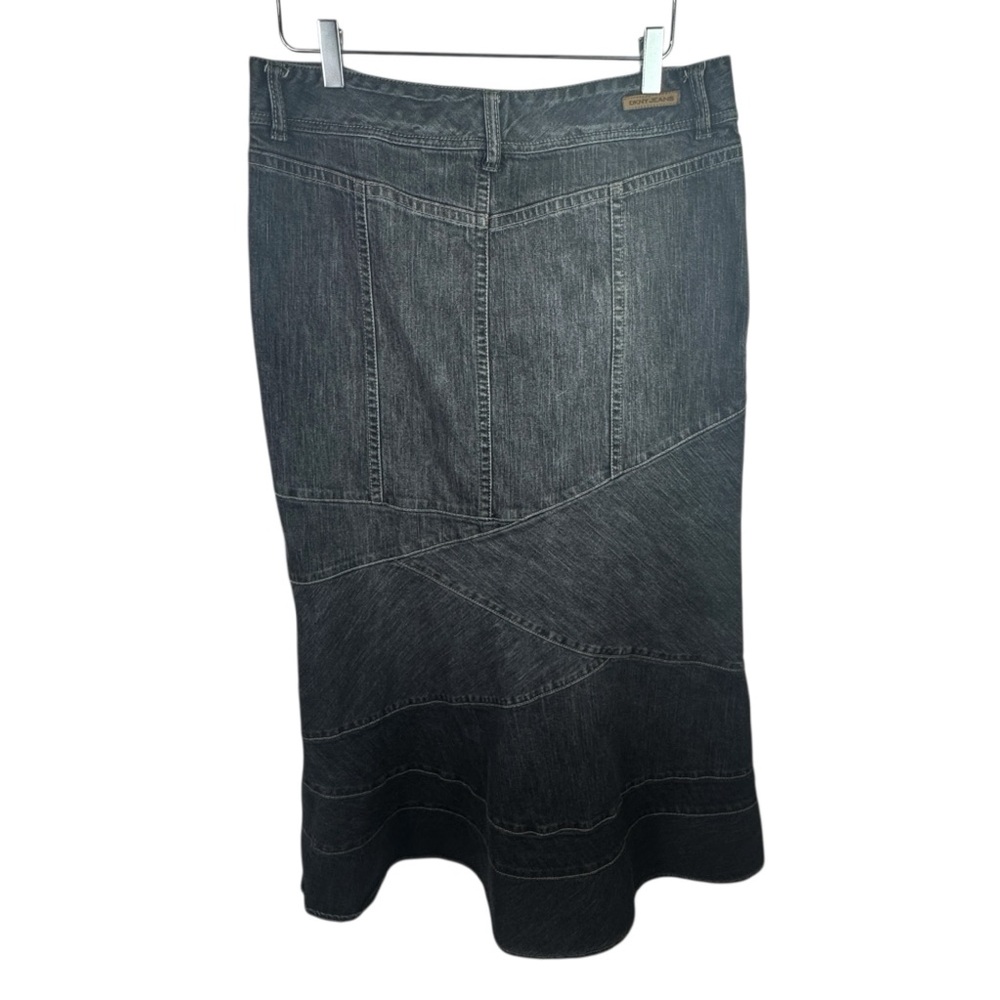 DKNY Y2K Denim Maxi Skirt Paneled Zig Zag Ruffle Mermaid Flare Boho Women's 12 - Picture 2 of 12